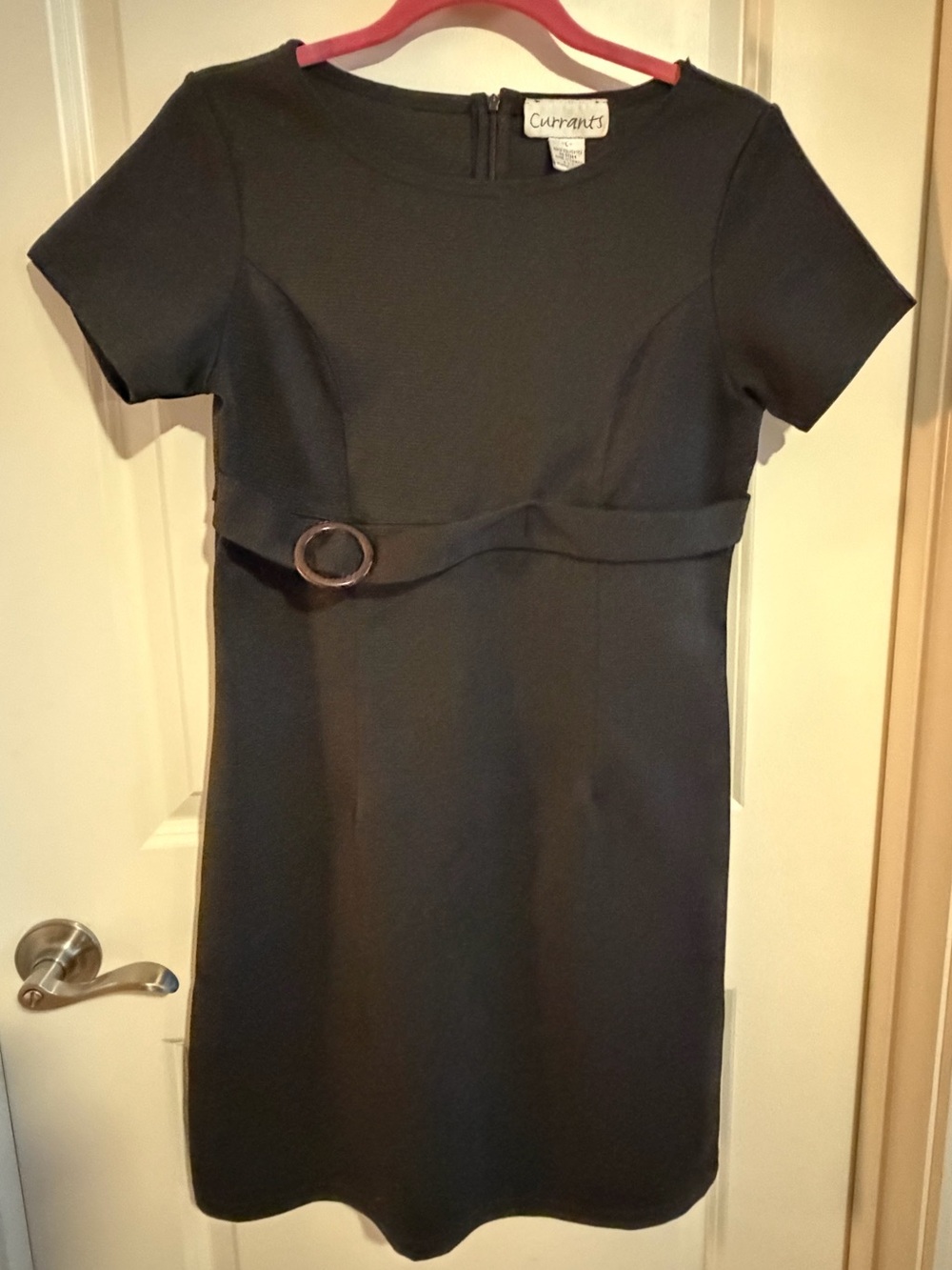 Currants Black Short-Sleeve Belted Sheath Dress Sz L